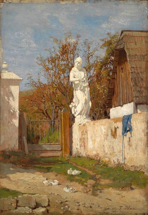 Tina Blau, Die degradierte Pallas Athene, um 1879, Öl auf Holz, 23,5 × 16,5 cm, Privatbesitz, C ...