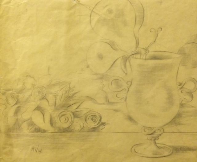 Alfred Wickenburg, Schmetterling an einem Kelch, 1948, Bleistift auf Papier, Privatbesitz