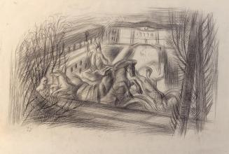 Alfred Wickenburg, Blick vom Neptunbrunnen, 1948, Kohle auf Papier, Blattmaße: 44 × 64 cm, Priv ...