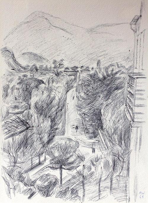 Alfred Wickenburg, Parkausblick, 1961, Schwarzer Kugelschreiber auf Papier, Blattmaße: 36,8 × 2 ...