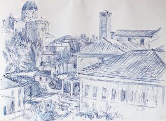 Alfred Wickenburg, Dächer, 1961, Blauer Kugelschreiber auf Papier, Blattmaße: 26,9 × 36,8 cm, P ...