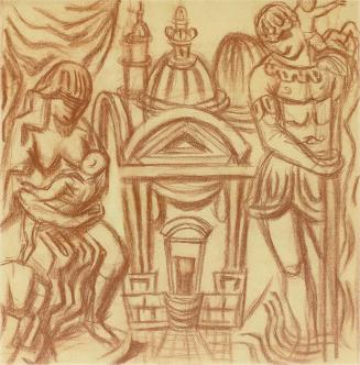 Alfred Wickenburg, Mausoleum Graz mit einem Ritter und einer Frau mit Kind, um 1935, Rötel auf  ...