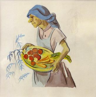 Alfred Wickenburg, Geschichte eines Gartens: Alte Frau mit Gemüsekorb, 1945, Aquarell auf Papie ...