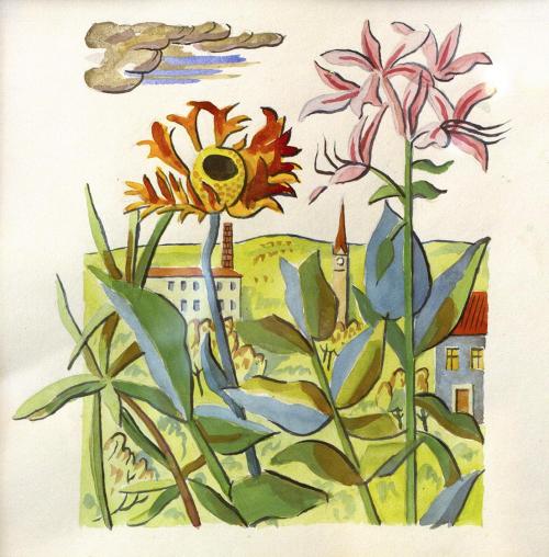 Alfred Wickenburg, Geschichte eines Gartens: Blumen vor Häusern, 1945, Aquarell auf Papier, Bla ...