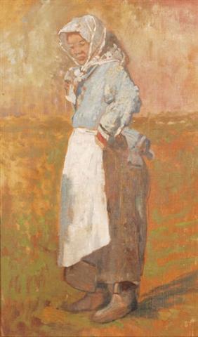 Tina Blau, Bildnis einer Bäuerin mit weisser Schürze, Öl auf Leinwand, 46 × 28,5 cm, unbekannte ...