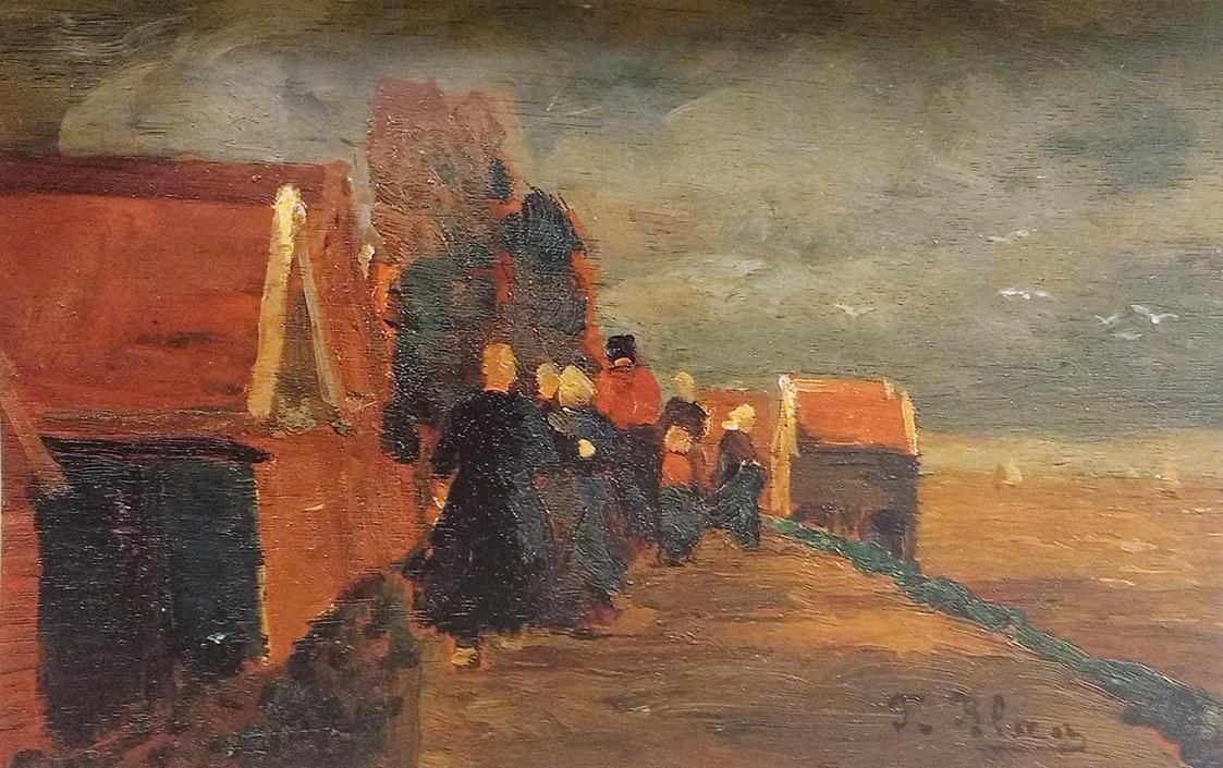 Tina Blau, An der Zuidersee. Volendam, 1905, Öl auf Holz, 17 × 27 cm, unbekannter Verbleib