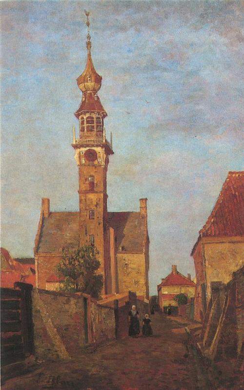Tina Blau, Rathausturm in Veere, 1906/1908, Öl auf Holz, 46,5 × 30,5 cm, Privatbesitz, Wien