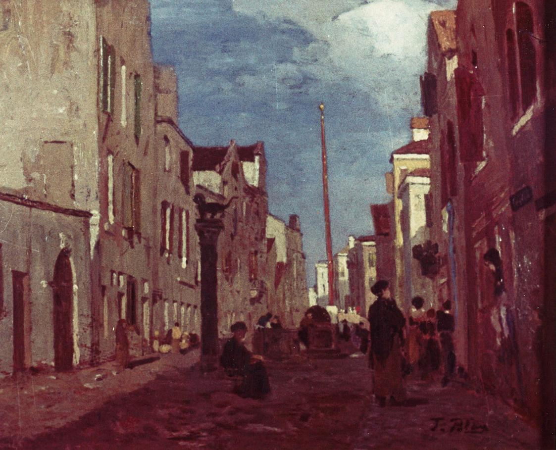 Tina Blau, Gasse in Venedig, um 1879, Öl auf Holz, 23,3 × 28,8 cm, Kunsthandel Giese & Schweige ...