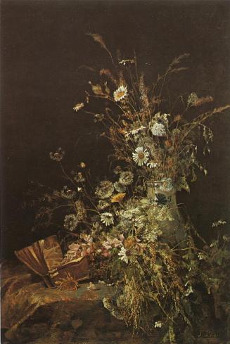 Tina Blau, Frühlingsblumen (Kleine Blumen mit Buch), um 1878/1879, Öl auf Holz, 43 × 29 cm, unb ...