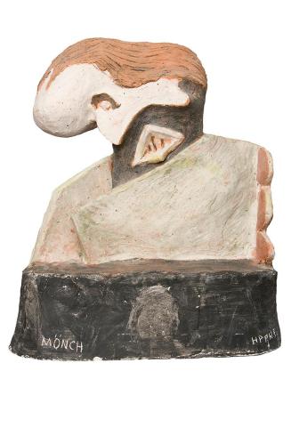 Kurt Hüpfner, Mönch, 1994, Terrakotta, Engobe, Gips, Pigmentfarbe, Öl, 31,5 × 27 × 10 cm, Priva ...