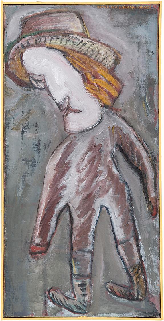 Kurt Hüpfner, Opfer der Schneeballschlacht, 1985, Acryl auf Leinwand, 70 × 35 cm, Privatbesitz, ...