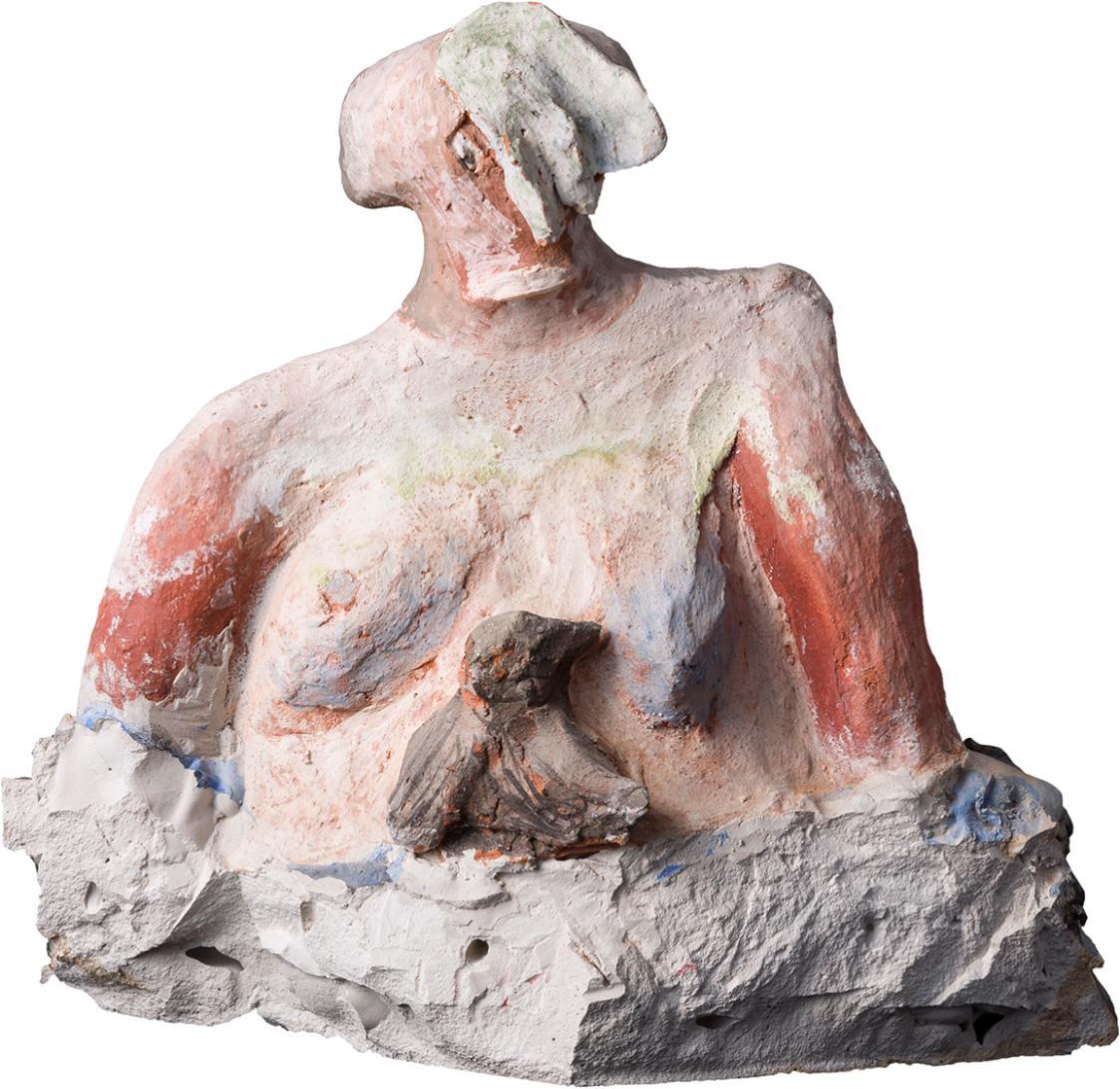 Kurt Hüpfner, Hyperboräer, 1990, Gips, Terrakotta, Pigmentfarbe, Öl, 26 × 26 × 13 cm, Privatbes ...