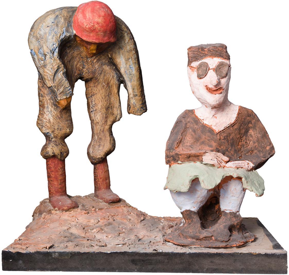 Kurt Hüpfner, Maria Verkündigung, nach 2010, Terrakotta, Engobe, Gips, Acryl, Leinöl, Holz, 41  ...