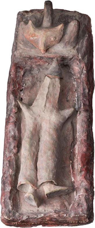 Kurt Hüpfner, Ödipus und Sphinx, 1980, Terrakotta, Gips, Engobe, Pigmentfarbe, Leinöl, 11,5 × 4 ...