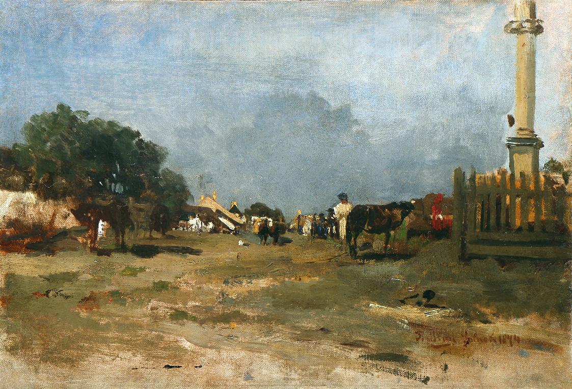 Tina Blau, Platz in Szolnok, 1874, Öl auf Leinwand, 24 × 35 cm, Kunsthandel Giese & Schweiger,  ...