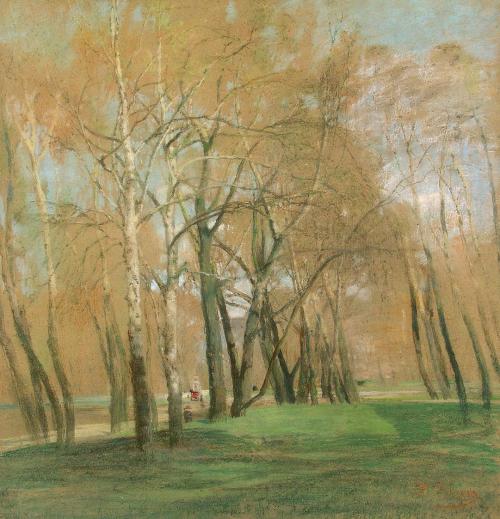 Tina Blau, Beim Atelier. Prater, 1905, Pastell auf Karton, 80 × 77 cm, Privatbesitz, Courtesy K ...