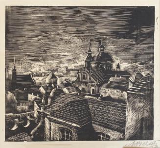 Otto Rudolf Schatz, Blick auf Prag von der Kleinseite, 1937, Holzschnitt auf Papier, 41,5 × 54, ...