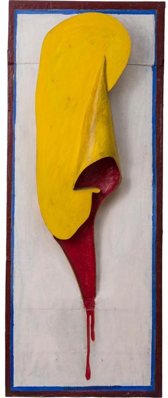 Kurt Hüpfner, Gelber Christus, 1971, Acryl auf Schnitzholz, 105,5 × 41,7 × 10,5 cm, Privatbesit ...