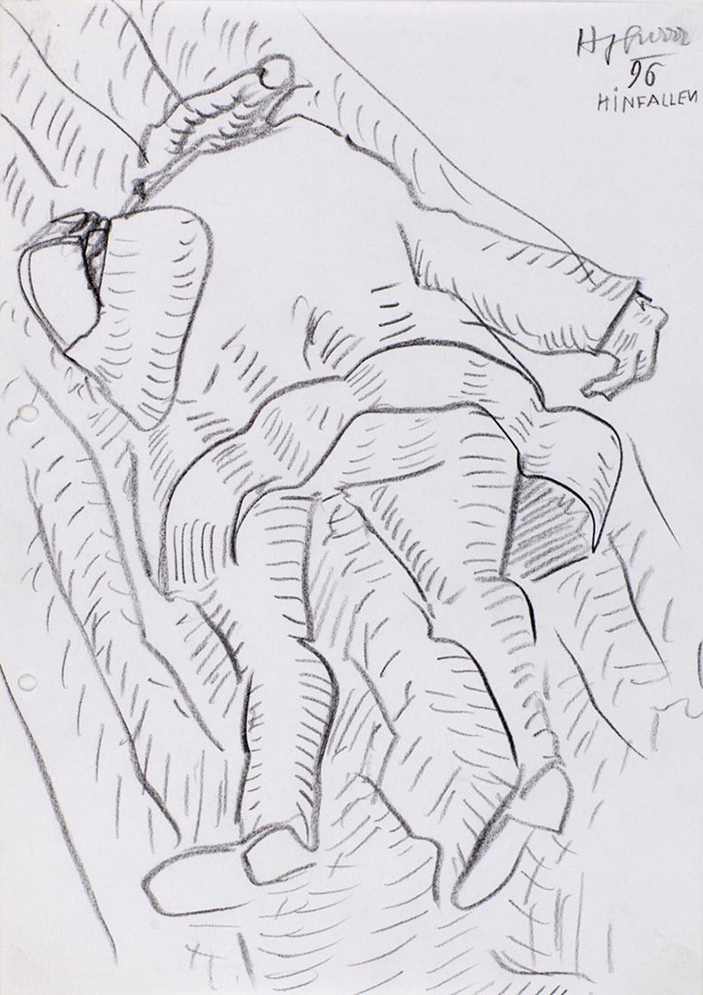 Kurt Hüpfner, Hinfallen, 1996, Bleistift auf Papier, kaschiert auf Karton, 29,7 × 21 cm, Privat ...