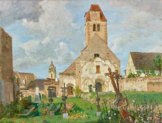 Tina Blau, Blick auf die alte Pfarrkirche von Dürnstein, 1897/1898, Öl auf Leinwand, 58 × 72 cm ...