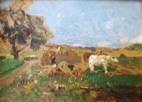 Tina Blau, Feldarbeit im Sommer mit Pferdefuhrwerk, um 1900, Öl auf Karton, 18 × 24 cm, Leopold ...
