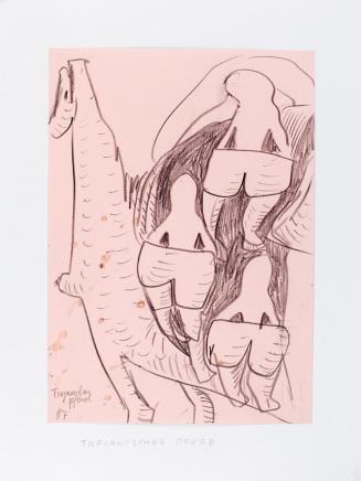 Kurt Hüpfner, Trojanisches Pferd, 1997, Bleistift auf rosafarbenem Papier, kaschiert auf Karton ...
