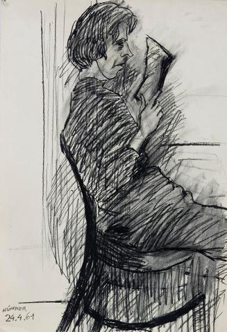 Kurt Hüpfner, Lesende, 1961, Schwarze Kreide auf Papier, 59,4 × 41 cm, Privatbesitz, Wien