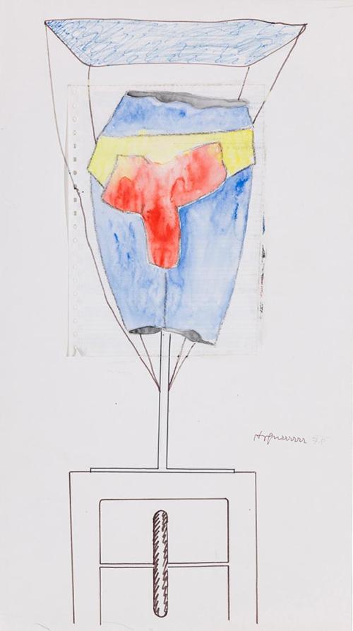 Kurt Hüpfner, Ohne Titel, 1978, Aquarell, schwarze Kreide und Filzstift auf Papier, 60 × 33,5 c ...