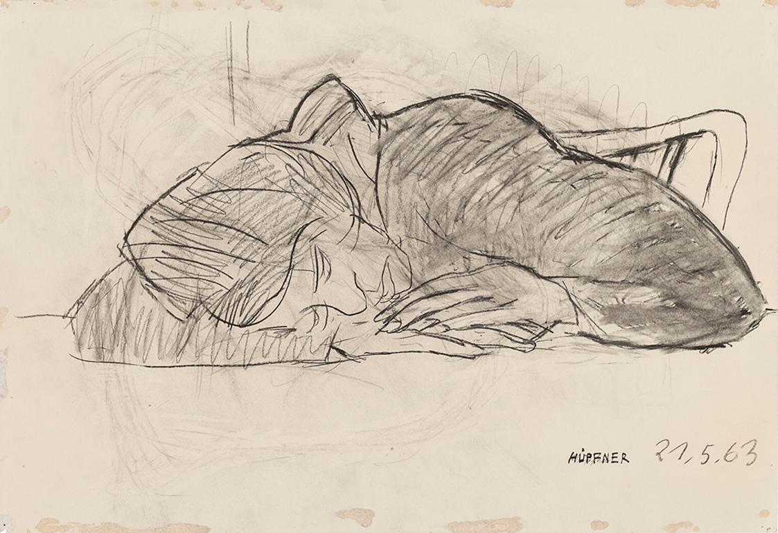 Kurt Hüpfner, Ohne Titel, 1963, Schwarze Kreide auf Papier, kaschiert auf Karton, 39,7 × 58 cm, ...