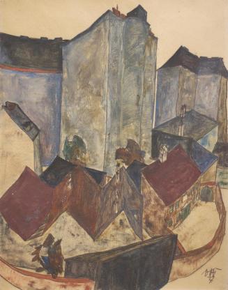 Otto Rudolf Schatz, Vorstadthäuser, 1922, Tempera, schwarze Kreide auf Papier, 50 × 42 cm, Priv ...