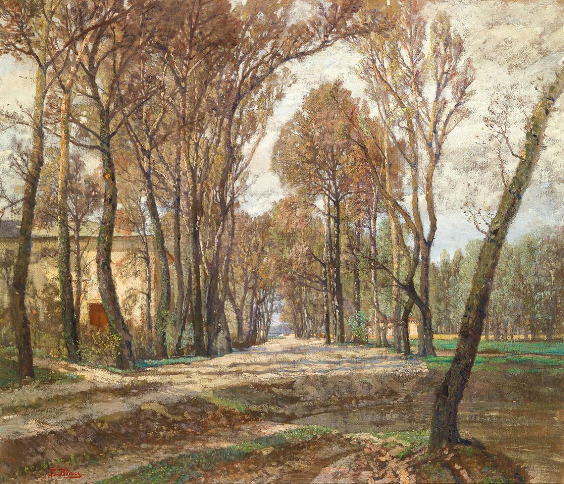 Tina Blau, Beim Atelier der Künstlerin. Prater, 1907, Öl auf Leinwand, 90 × 105 cm, Privatbesit ...