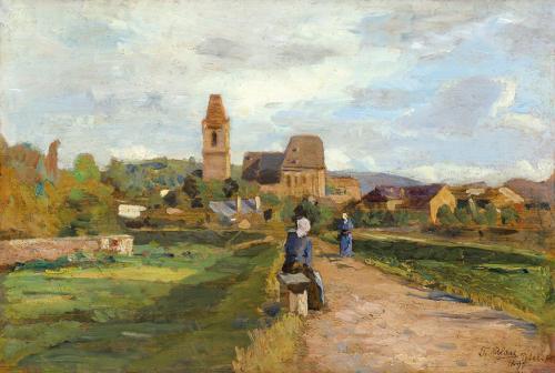 Tina Blau, Blick auf Perchtoldsdorf, 1895, Öl auf Holz, 17,8 × 26,8 cm, Galerie Szaal, Wien