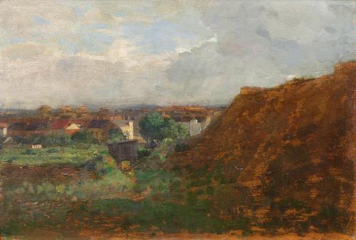 Tina Blau, Sandgrube mit Blick auf Pötzleinsdorf, 1911/1916, Öl auf Holz, 23 × 34 cm, Wien Muse ...