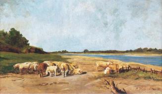 Tina Blau, Schafherde an der Donau bei Haslau, 1872, Öl auf Leinwand, 31 × 53 cm, unbekannter V ...