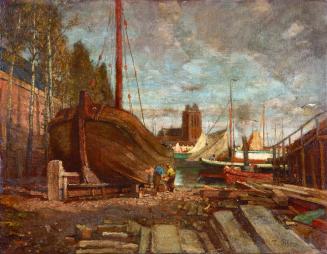 Tina Blau, Schiffswerft in Zwyndrecht, 1908, Öl auf Leinwand, 57 × 73,6 cm, Leopold Museum, Wie ...