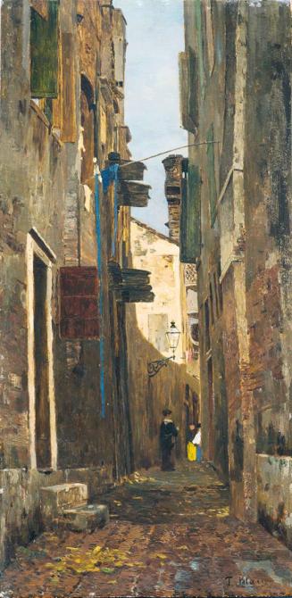 Tina Blau, Calle in Venedig (Wiederholung), 1877/1891, Öl auf Mahagoni, 40 × 19,8 cm, Privatbes ...