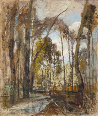 Tina Blau, Beim Atelier (nach dem Regen), um 1902, Öl auf Leinwand, 70,2 × 59 cm, Privatbesitz
