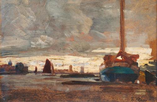 Tina Blau, Abend in Dordrecht, 1905, Öl auf Karton, 17,5 × 25,5 cm, Privatbesitz, Wien