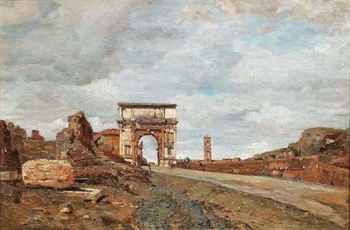 Tina Blau, Forum Romanum mit Titusbogen, 1879, Öl auf Holz, 28 × 40,5 cm, Privatbesitz, Courtes ...