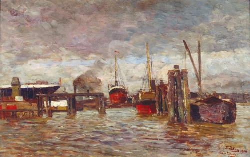 Tina Blau, Motiv aus dem Hamburger Hafen, 1904, Öl auf Holz, 24,5 × 37,5 cm, Sammlung Eisenberg ...