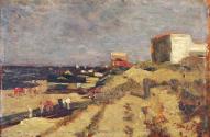 Tina Blau, Badestrand in Sylt I, 1904, Öl auf Holz, 16,5 × 25,5 cm, Privatbesitz, New York