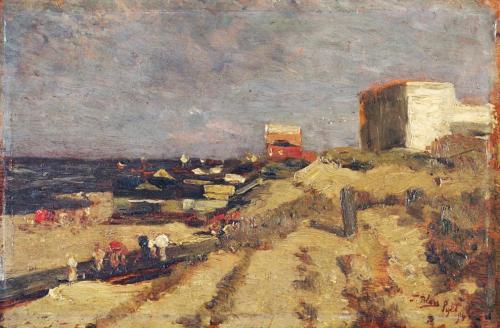 Tina Blau, Badestrand in Sylt I, 1904, Öl auf Holz, 16,5 × 25,5 cm, Privatbesitz, New York