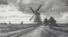 Tina Blau, Abend in Volendam, 1905/1908, Öl auf Holz, 26 × 47,5 cm, unbekannter Verbleib