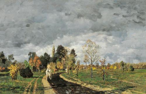 Tina Blau, Reitweg im Prater (Reitweg der Kaiserin), um 1886, Öl auf Holz, 36 × 56 cm, Privatsa ...