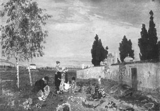 Tina Blau, An der Friedhofsmauer, 1888, Öl auf Leinwand, 123 × 174 cm, 1945 verbrannt
