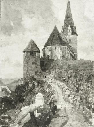 Tina Blau, Kirche. Weissenkirchen, 1910, Öl auf Karton, 33 × 22,5 cm, unbekannter Verbleib