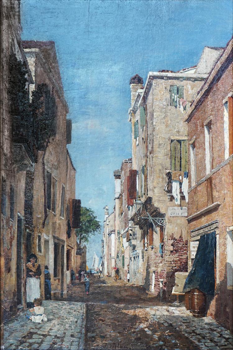 Tina Blau, Straße in Venedig, 1876/1877 oder 1879, Öl auf Holz, 40,5 × 27,5 cm, Privatbesitz
