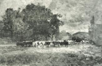 Tina Blau, Kuhweide bei einem Dorf, um 1872/1914, Öl auf Leinwand, 42 × 65 cm, unbekannter Verb ...