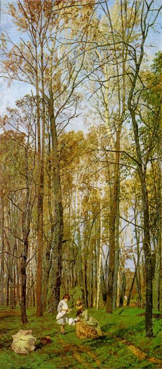 Tina Blau, Im grünen Walde, um 1884, Öl auf Leinwand, 77 × 34,5 cm, unbekannter Verbleib
