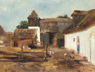 Tina Blau, Bauernhof in Kroatisch-Haslau, 1872, Öl auf Leinwand, kaschiert auf Platte, 28,5 × 3 ...